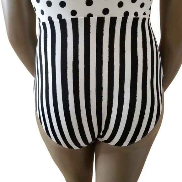 Pin-Up Polka Dot Striped Tie Front Keyhole Cheeky 1-Pc Swimsuit XL White Black - Picture 15 of 16